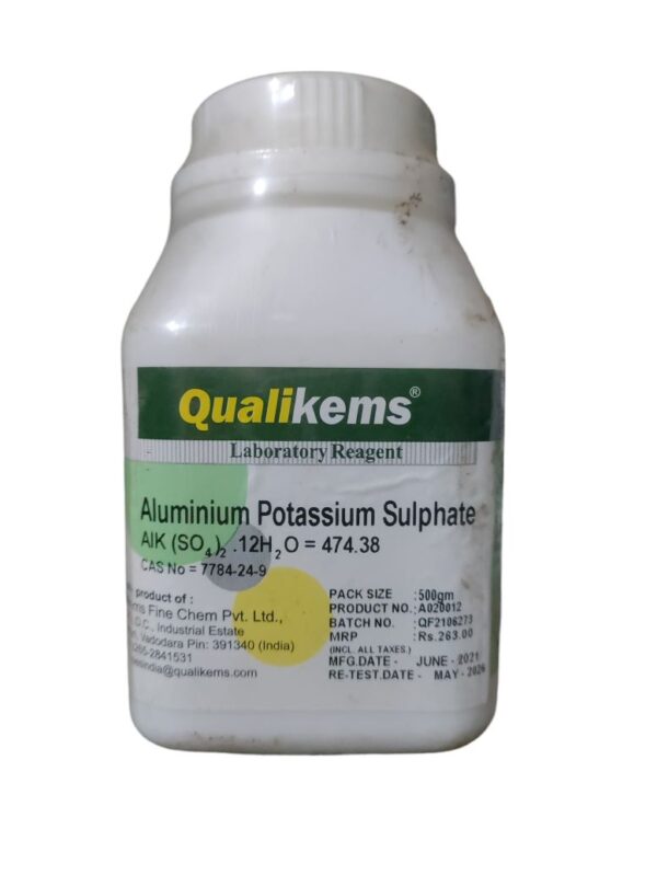 QUALIKEMS Aluminium Potassium Sulphate Purified Dodecahydrate 500gm (Potassium Alum) Assay (ex Al) 99.0% CAS NO 7784-24-9