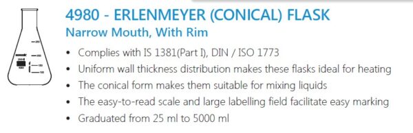BOROSIL 4980 ERLENMEYER (CONICAL) FLASK Narrow Mouth, With Rim - Image 3