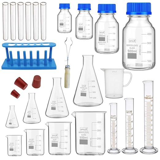 Complete Science Lab Equipment Kit 28 Items- Borosilicate Glass Beakers, Conical Flasks and more - Ideal for Chemistry Labs, laboratory equipment for lab