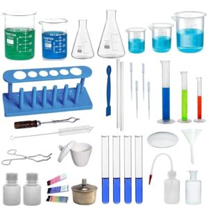 Chemistry Lab 36 Items Kit – Borosilicate Glass & Plastic Beakers, Conical Flasks, Measuring Cylinders, Test Tubes & More – Suitable for Practicals