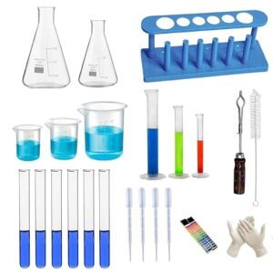 Chemistry Lab 24 Items Kit – Plastic Beakers, Borosilicate Glass Conical Flasks, Measuring Cylinders, Test Tubes and More – Ideal for Students, Science Experiments & Lab Use