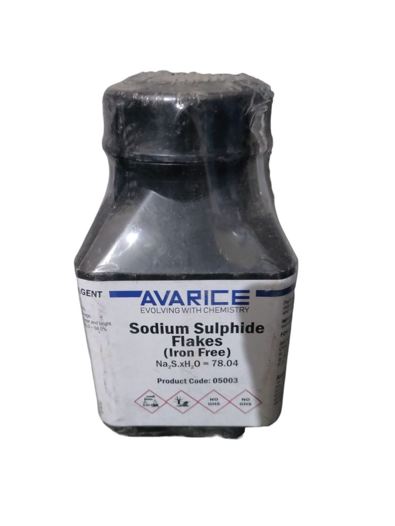 AVARICE Sodium Sulphide Fused Flakes 500gm Iron Free Assay (Na2S) 55.0-58.0% CAS NO 27610-45-3