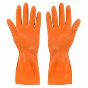Acid Alkali Proof Reusable Rubber Stretchable Hand Gloves (10 Inch, Orange) Pack of 1 Pairs