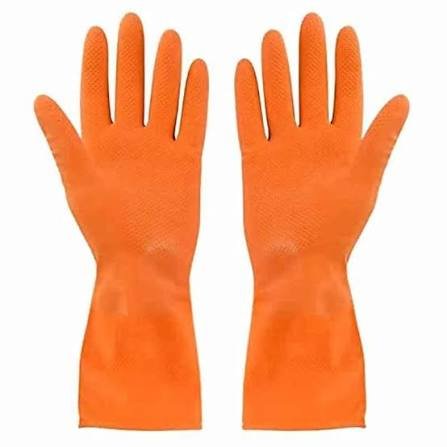 Acid Alkali Proof Reusable Rubber Stretchable Hand Gloves (10 Inch, Orange) Pack of 1 Pairs